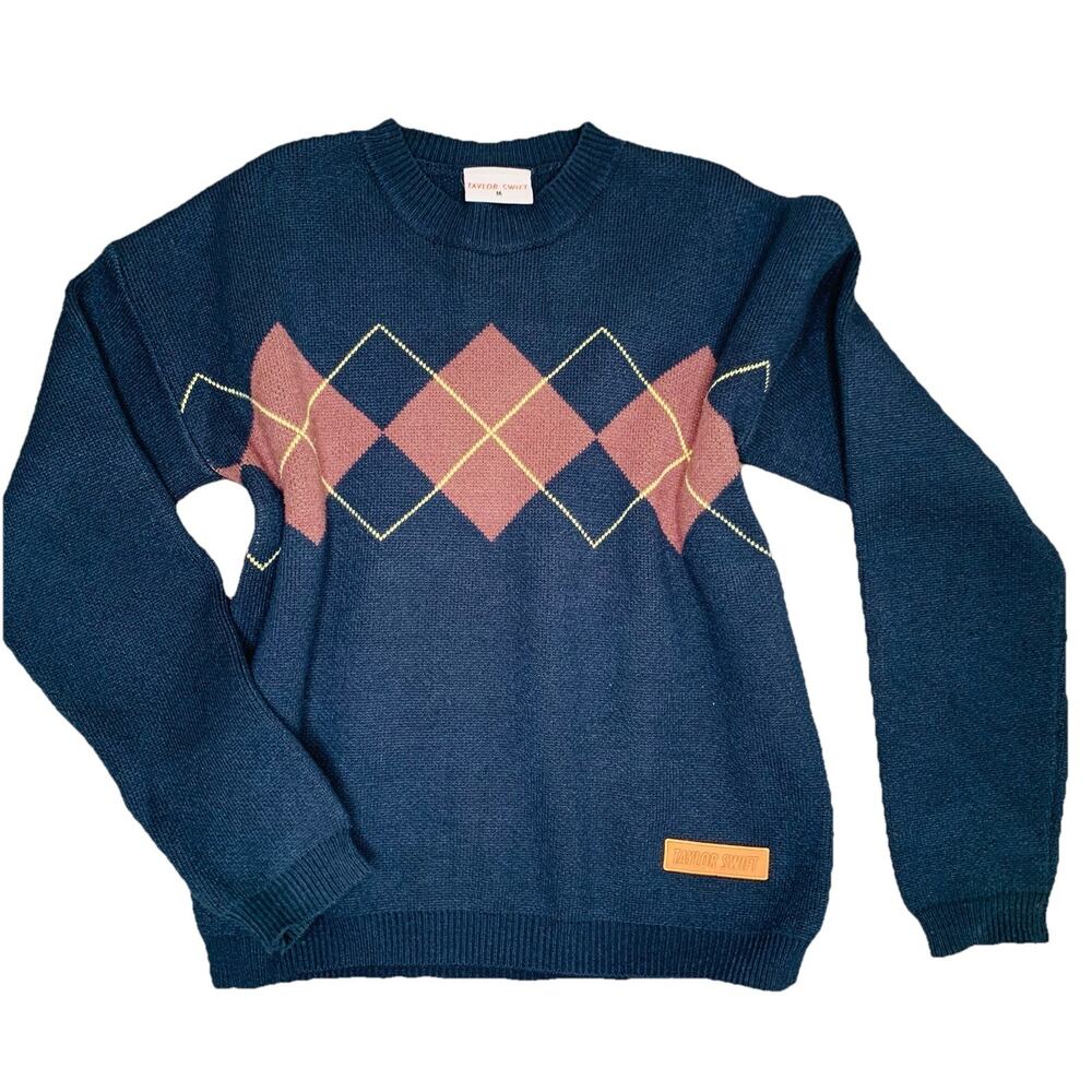Taylor Swift (Taylor's Version) All Too Well Argyle Sweater Dark Blue Sz Large